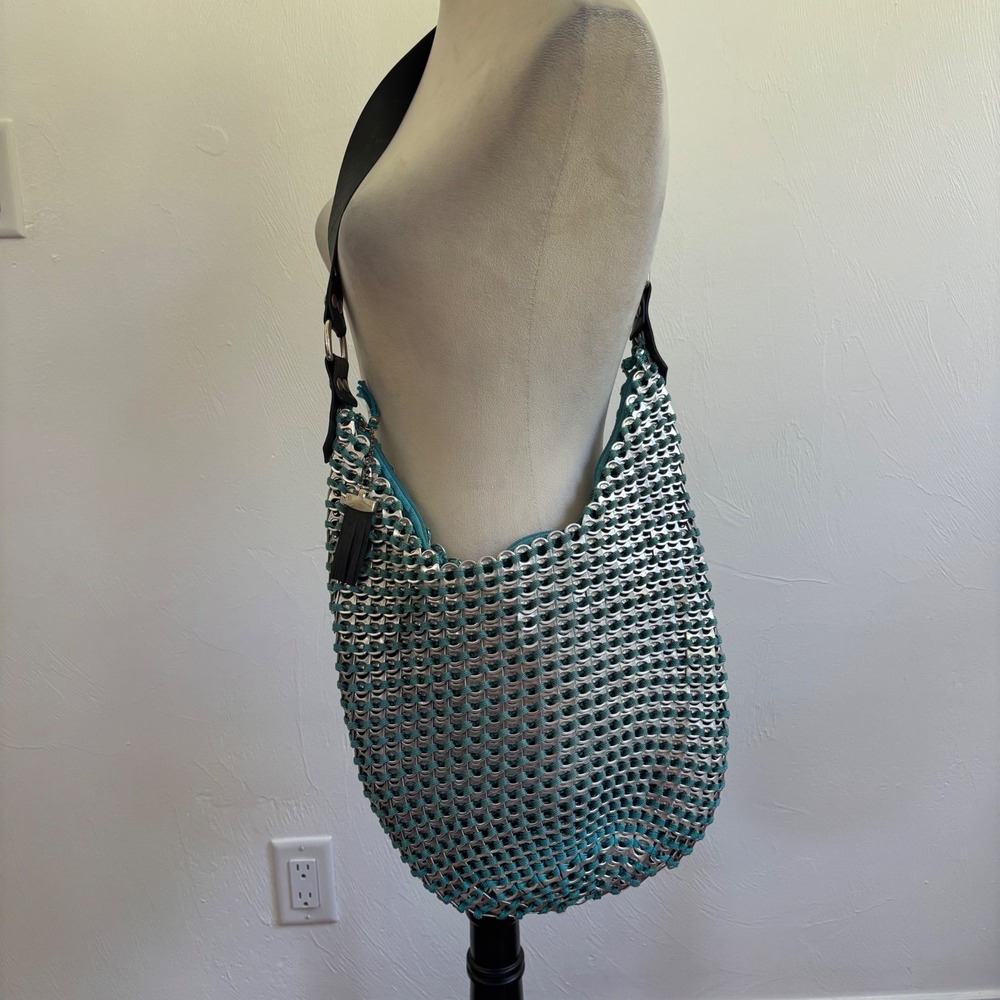 Escama Studio Soda Pop Tab Shoulder Bag Teal Crochet Chainmail Hobo Purse Silver